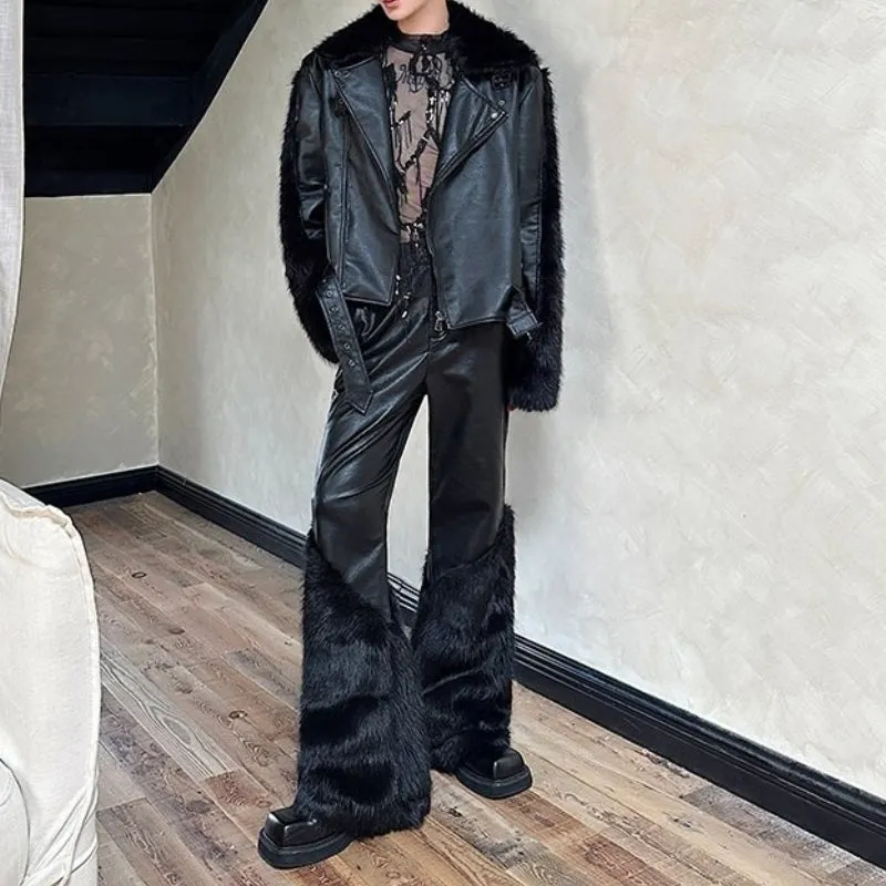 Artificial Fur Patchwork Wide-Leg Leather Pants