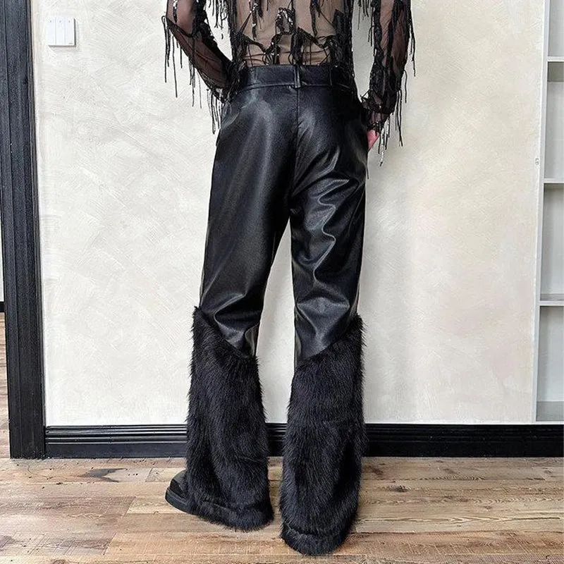 Artificial Fur Patchwork Wide-Leg Leather Pants