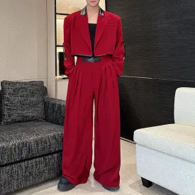 Contrast Color Patchwork Leather Short Jacket Draped Wide-leg Pants Red Suit Two-piece Suit
