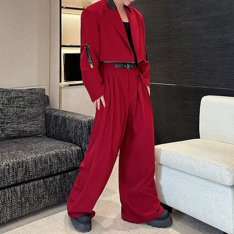 Contrast Color Patchwork Leather Short Jacket Draped Wide-leg Pants Red Suit Two-piece Suit