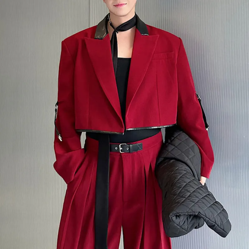 Contrast Color Patchwork Leather Short Jacket Draped Wide-leg Pants Red Suit Two-piece Suit