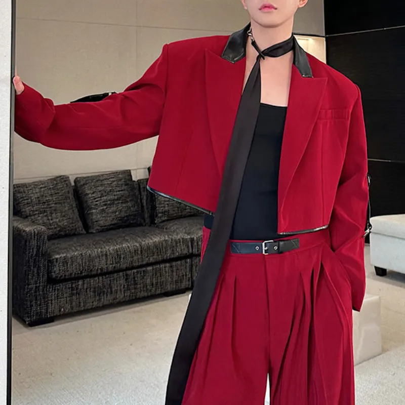 Contrast Color Patchwork Leather Short Jacket Draped Wide-leg Pants Red Suit Two-piece Suit