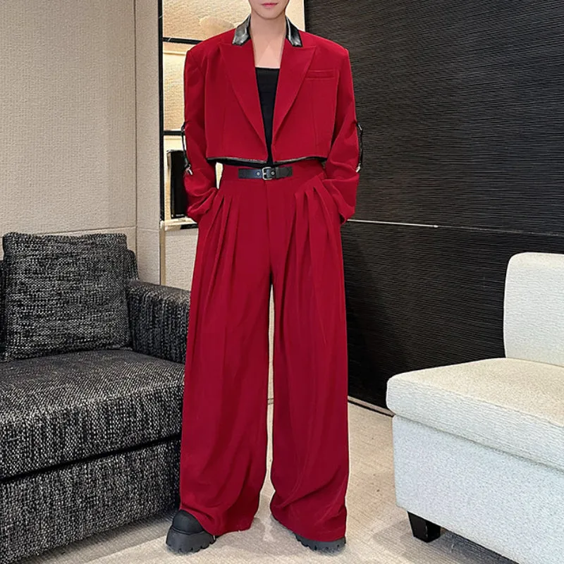 Contrast Color Patchwork Leather Short Jacket Draped Wide-leg Pants Red Suit Two-piece Suit