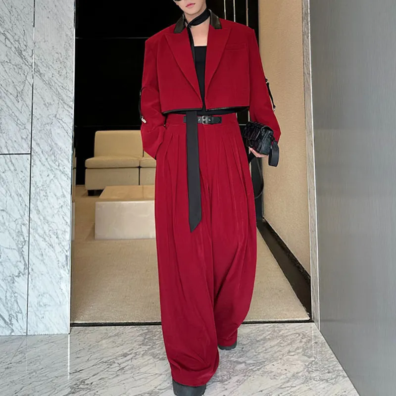 Contrast Color Patchwork Leather Short Jacket Draped Wide-leg Pants Red Suit Two-piece Suit