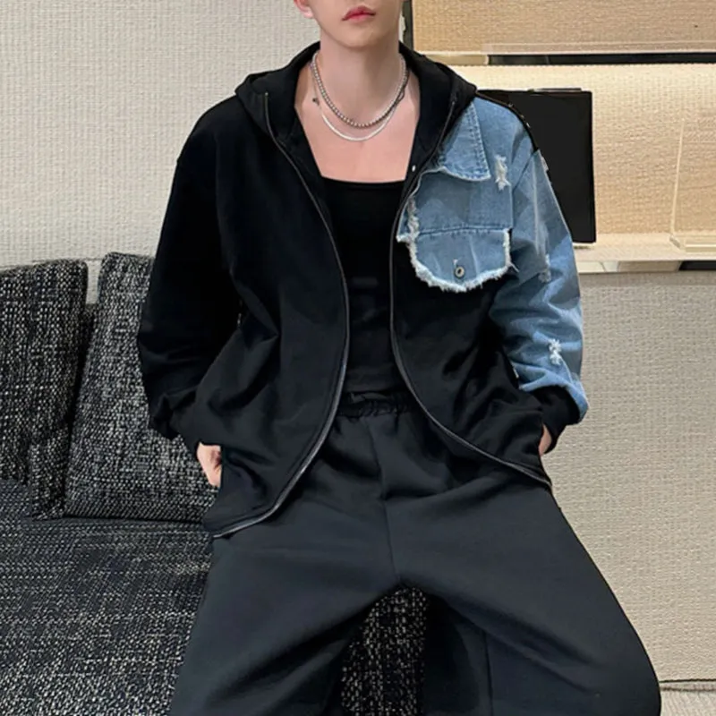 Denim Paneled Knitted Hooded Loose Jacket