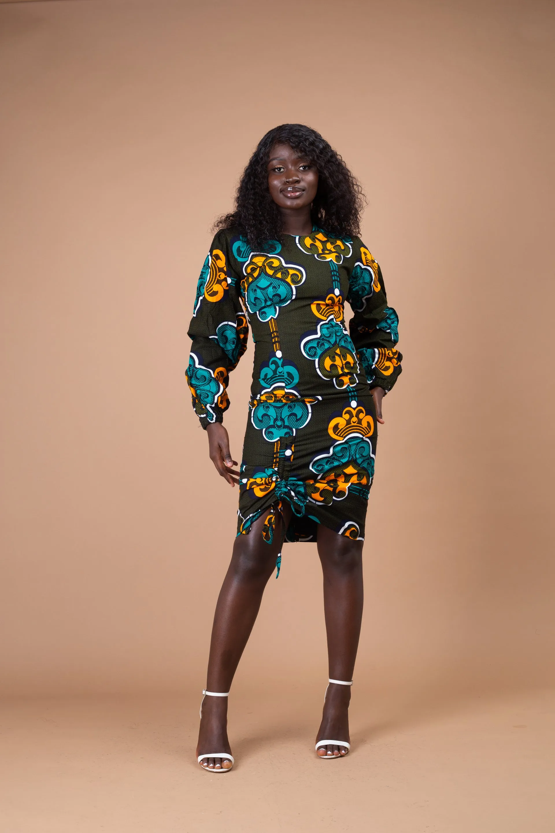 Denva Ankara Midi Pencil Dress | Green and teal African Print