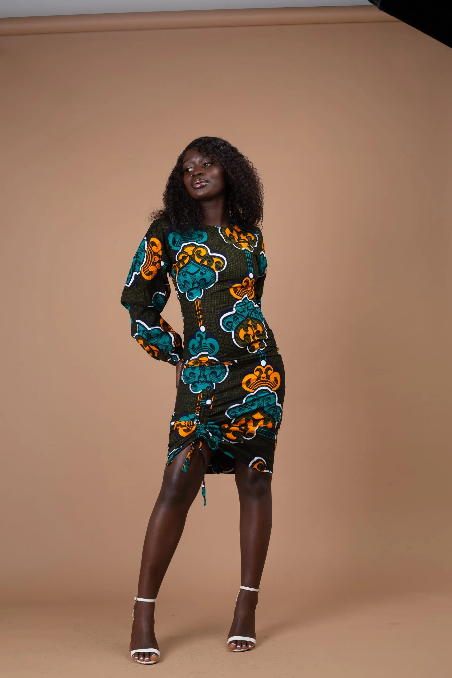 Denva Ankara Midi Pencil Dress | Green and teal African Print