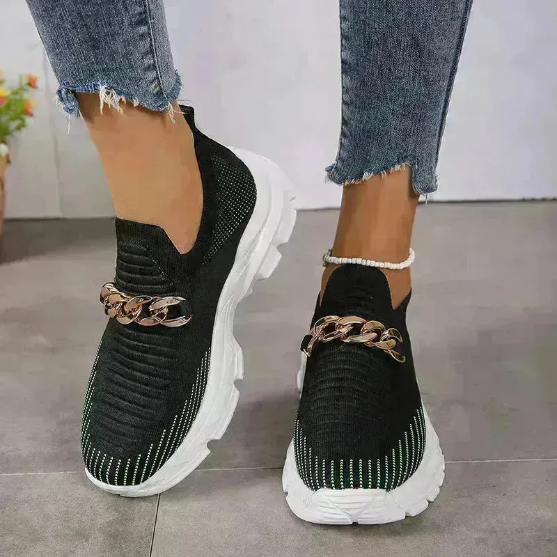 Fashion Chain Design Mesh Shoes For Women Breathable Casual Soft Sole Walking Sock Slip On Flat Chunky Sneakers Shoes for Women
