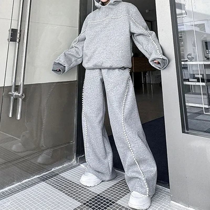 Hand-beaded Hooded Sweatshirt and Wide-leg Pants Casual Suit
