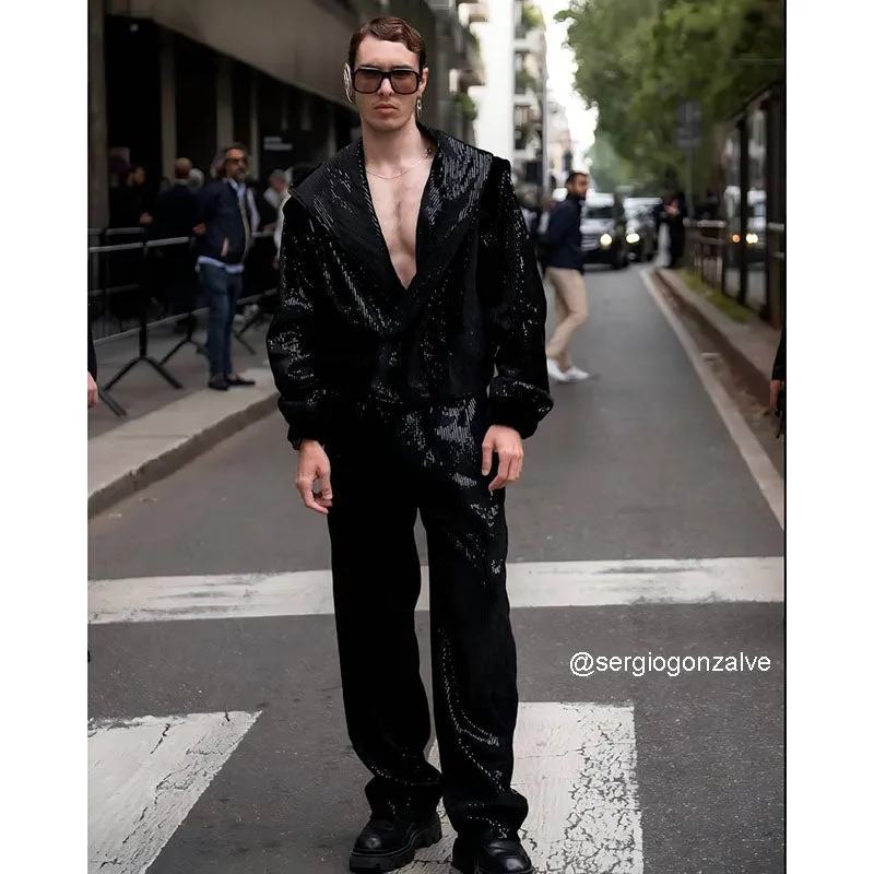 Loose Sequined Casual Shirt and Pants Suit Two Piece Sets