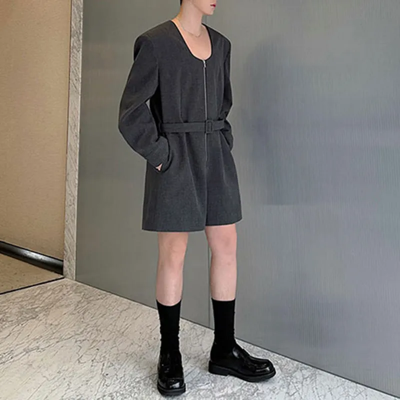 Low-neck Zippered One-piece Jacket and Shorts Set