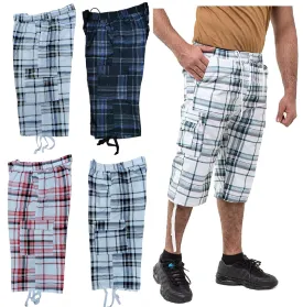 Mens Check Shorts 3/4 Length Casual Classic Fit Summer Shorts Elasticated Waist Cargo Combat Half Pants
