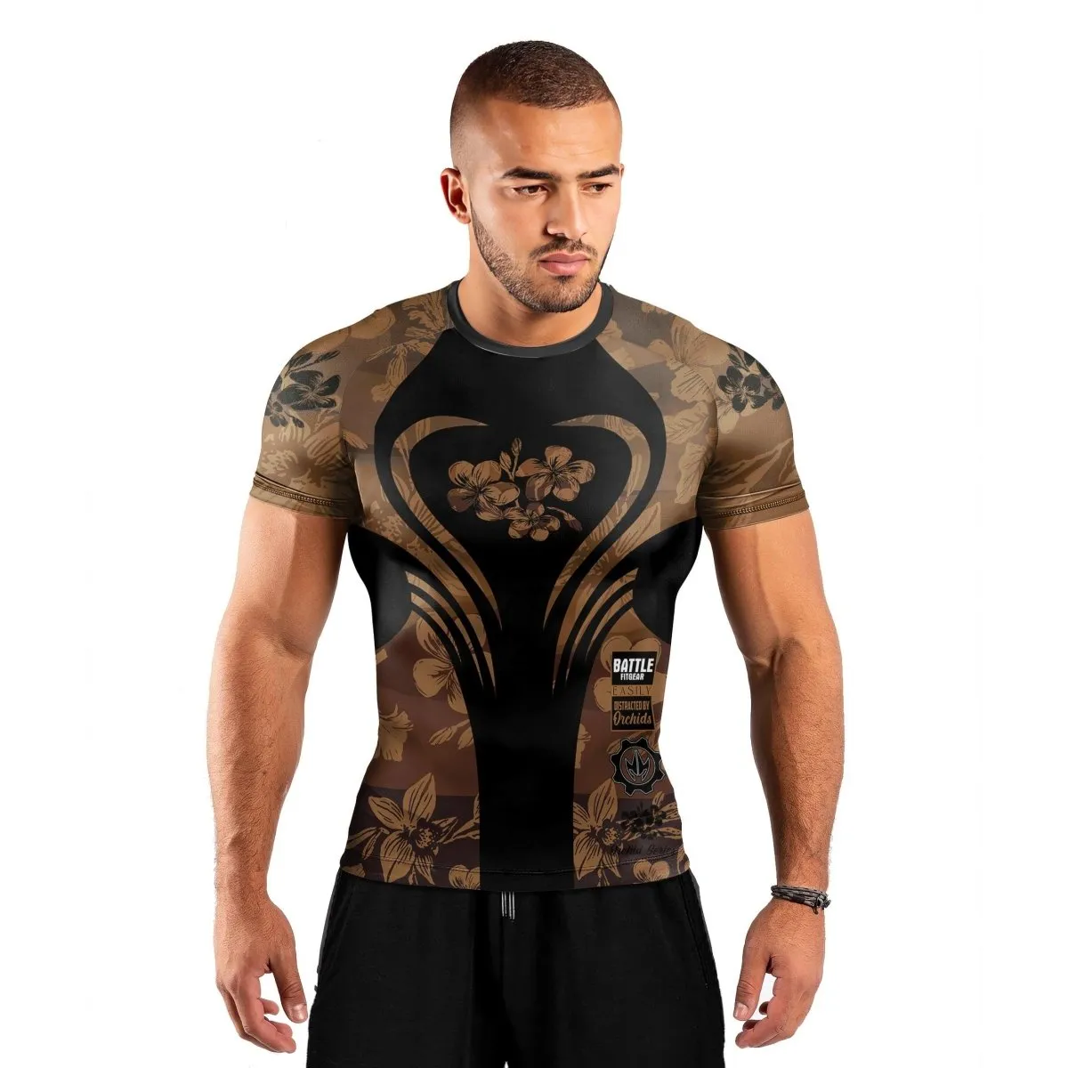 Orchid Series Floral Brown Heart Pattern Men's Short Sleeve Rash Guard
