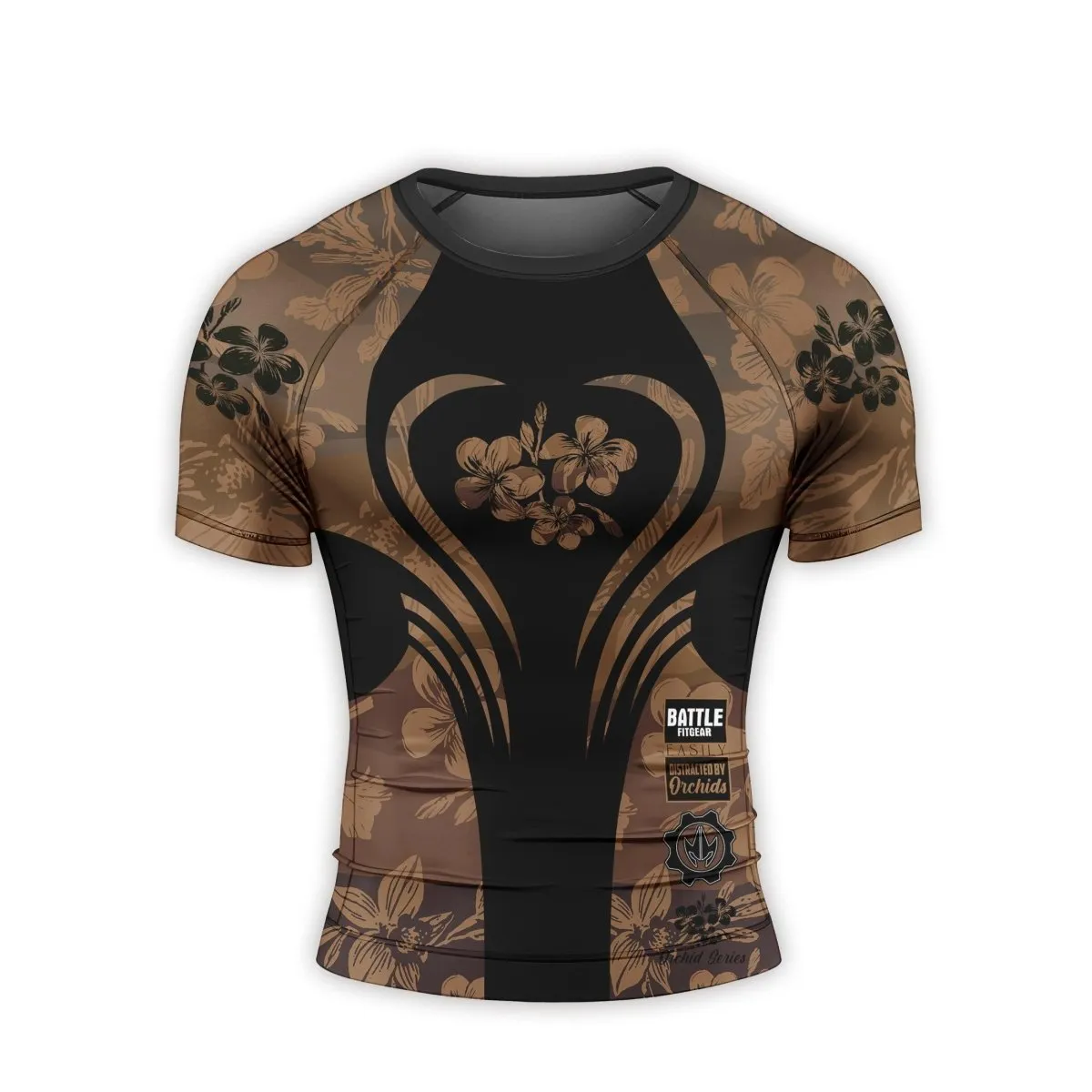Orchid Series Floral Brown Heart Pattern Men's Short Sleeve Rash Guard
