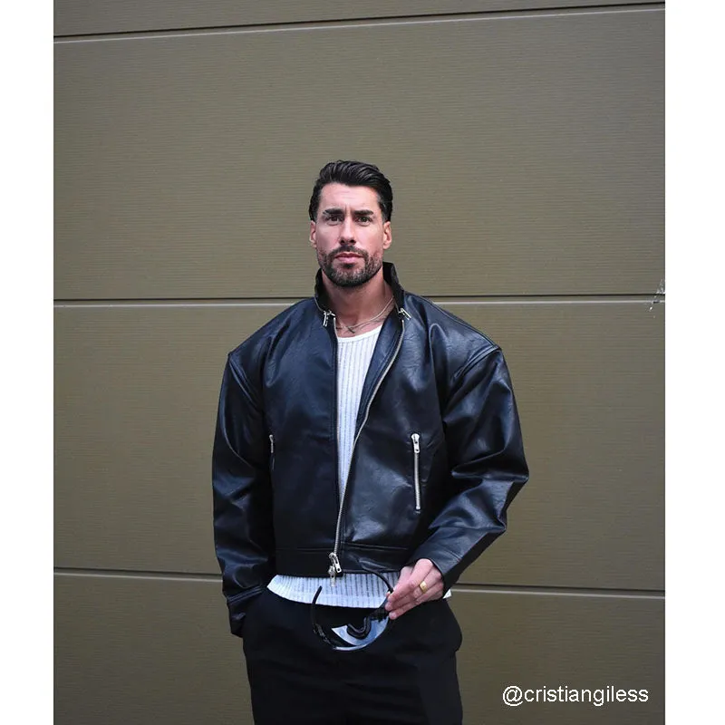 Wide Shoulder Double Zip Motorcycle Leather Jacket